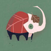 A small drawing of a red horned beetle with a brown oak leaf on his head